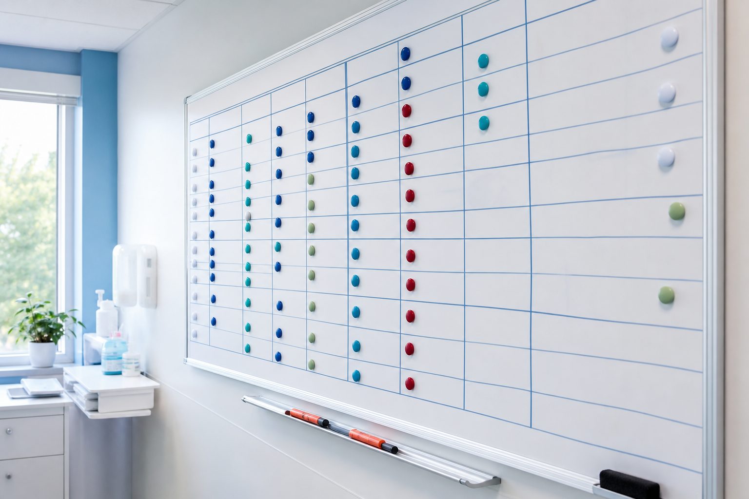 Bright clinic office whiteboard with a grid of colored magnets and coral markers on the tray