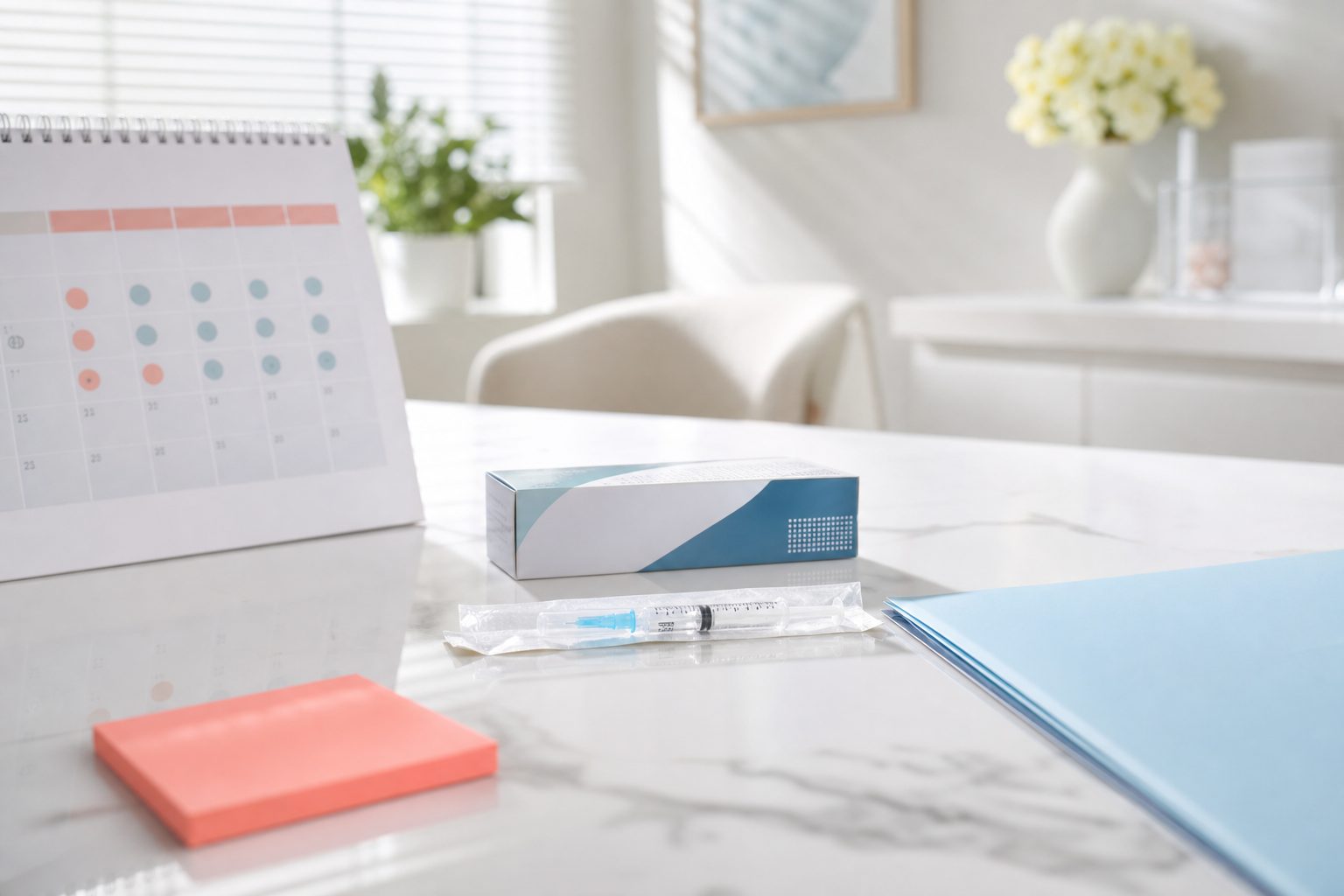 Bright clinic desk with a printed cycle calendar, medication box and wrapped syringe in morning light