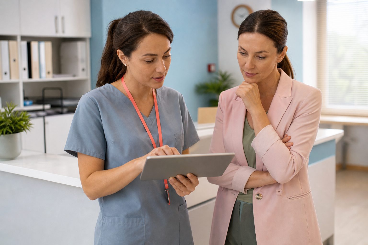 Two clinic staff conferring at a bright white nurses station in afternoon daylight