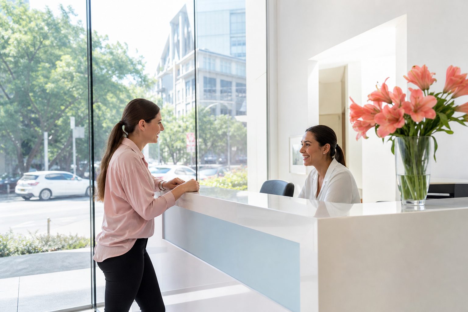 Bright modern clinic reception with a glass wall, white counter and coral flowers in a vase