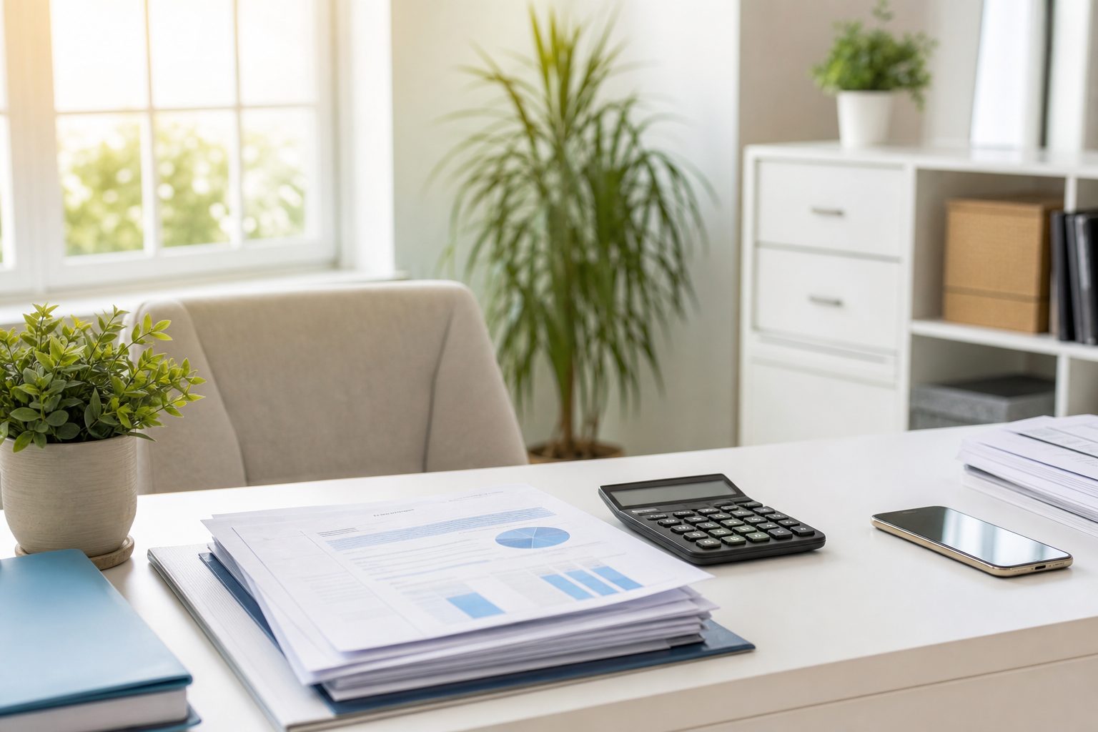 Financial coordinator desk with benefit paperwork, calculator and phone in bright window light