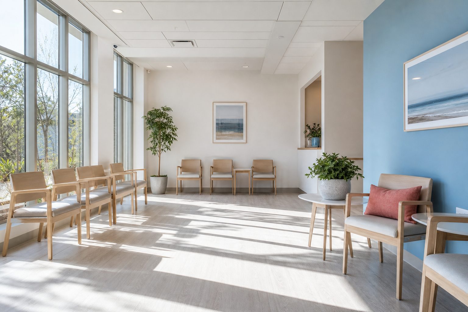 Empty bright fertility clinic waiting room at dawn with pale wood chairs and a sky blue wall