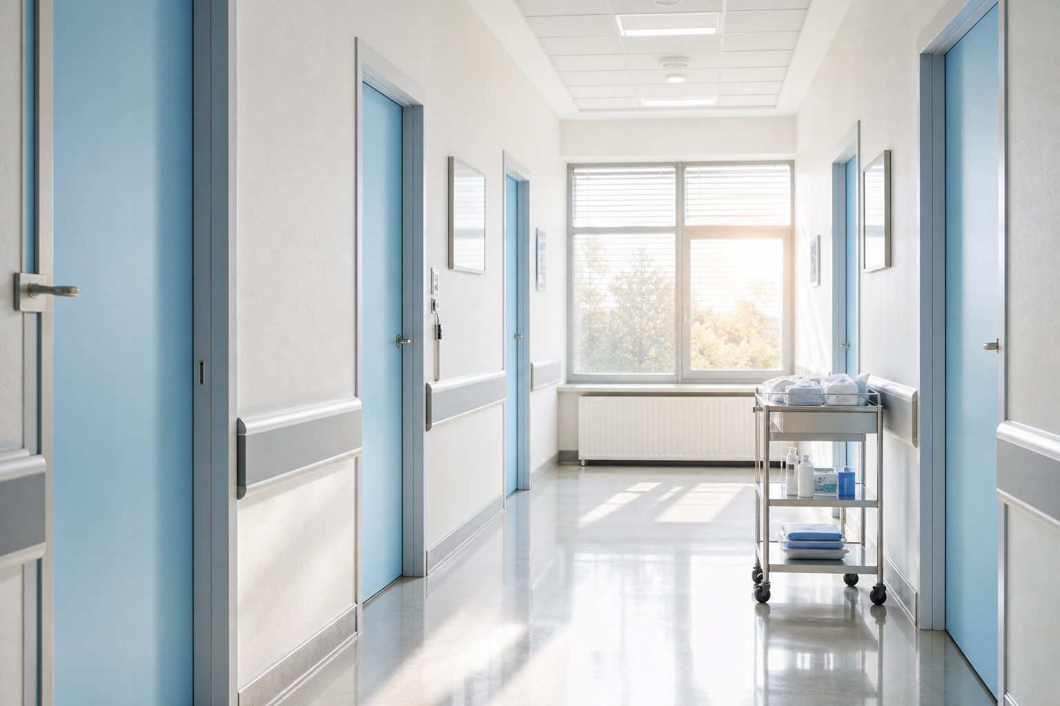 Bright clinic procedure corridor at early morning with pale blue doors and sunlit floor