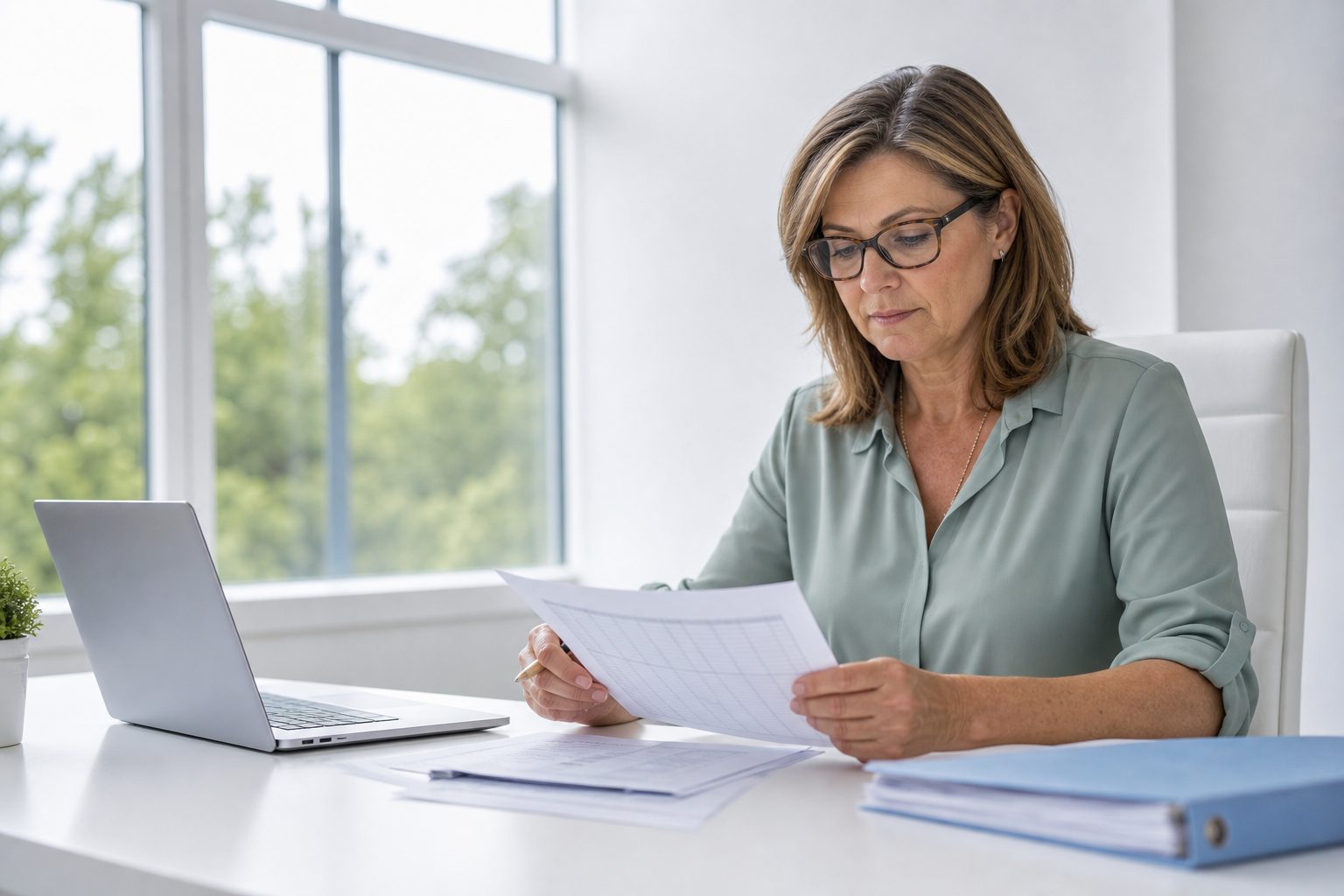 Clinic manager reviewing printed data tables at a sunlit white desk with a laptop and pale blue binder