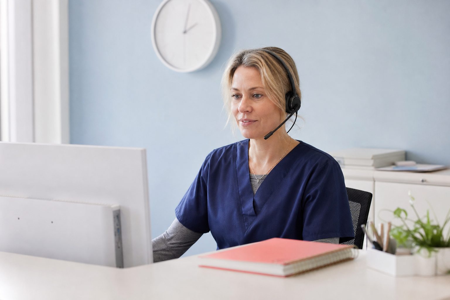 Nurse coordinator at a bright white workstation with a headset and a wall clock behind her