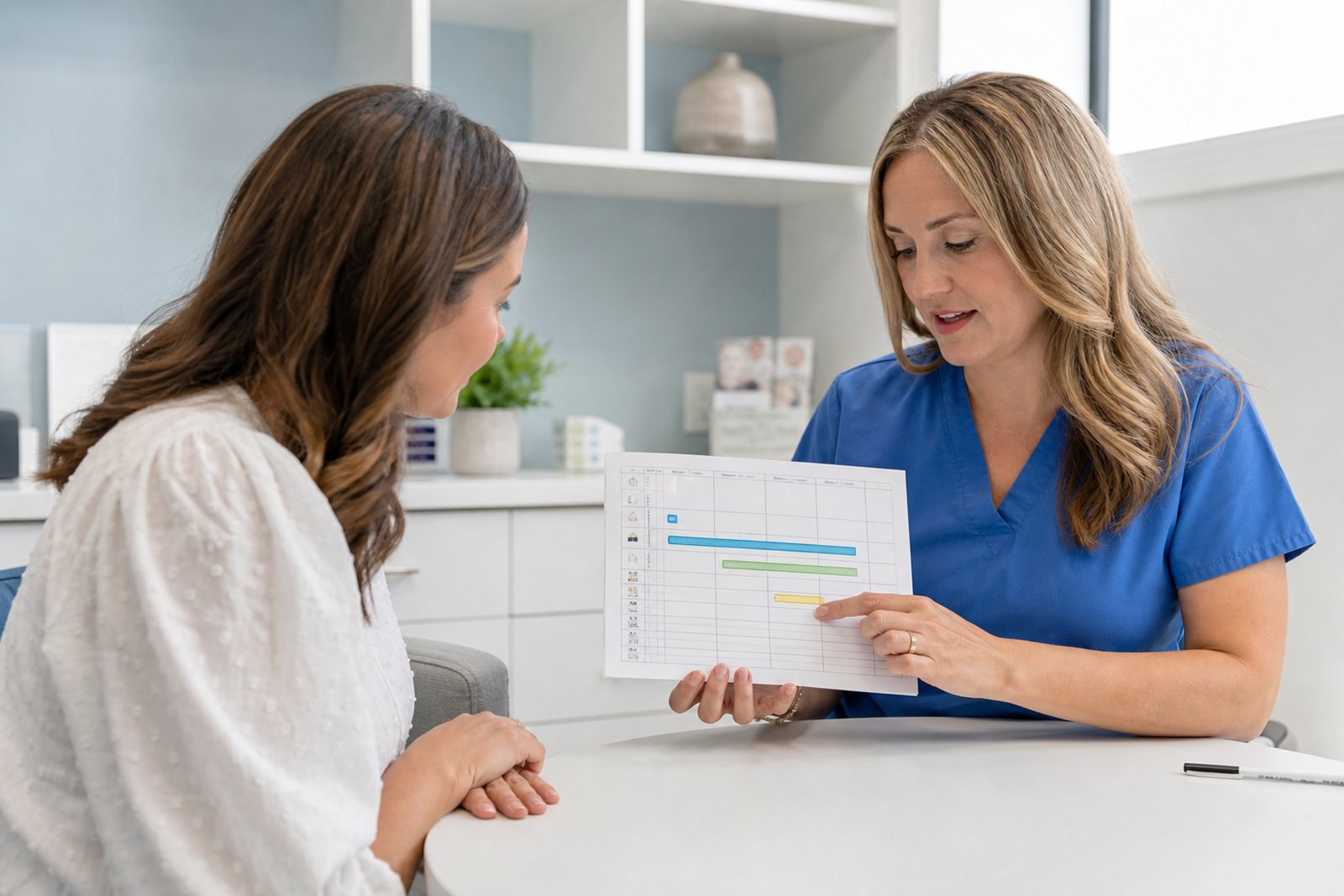 A fertility nurse coordinator walking a patient through a printed medication calendar at a desk in a bright clinic consultation room