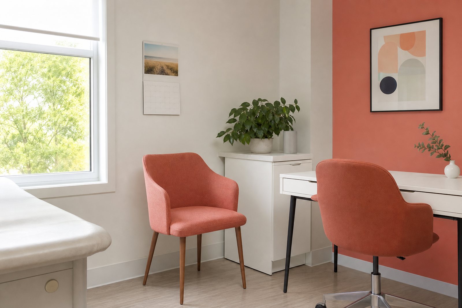 A quiet clinic consultation room with two chairs, a small desk, a wall calendar and a plant lit by daylight